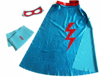 ratatam-set-costume-deguisement-super-hero-bleu-masque-manchette-eclair-rouge-au-dos-apercu